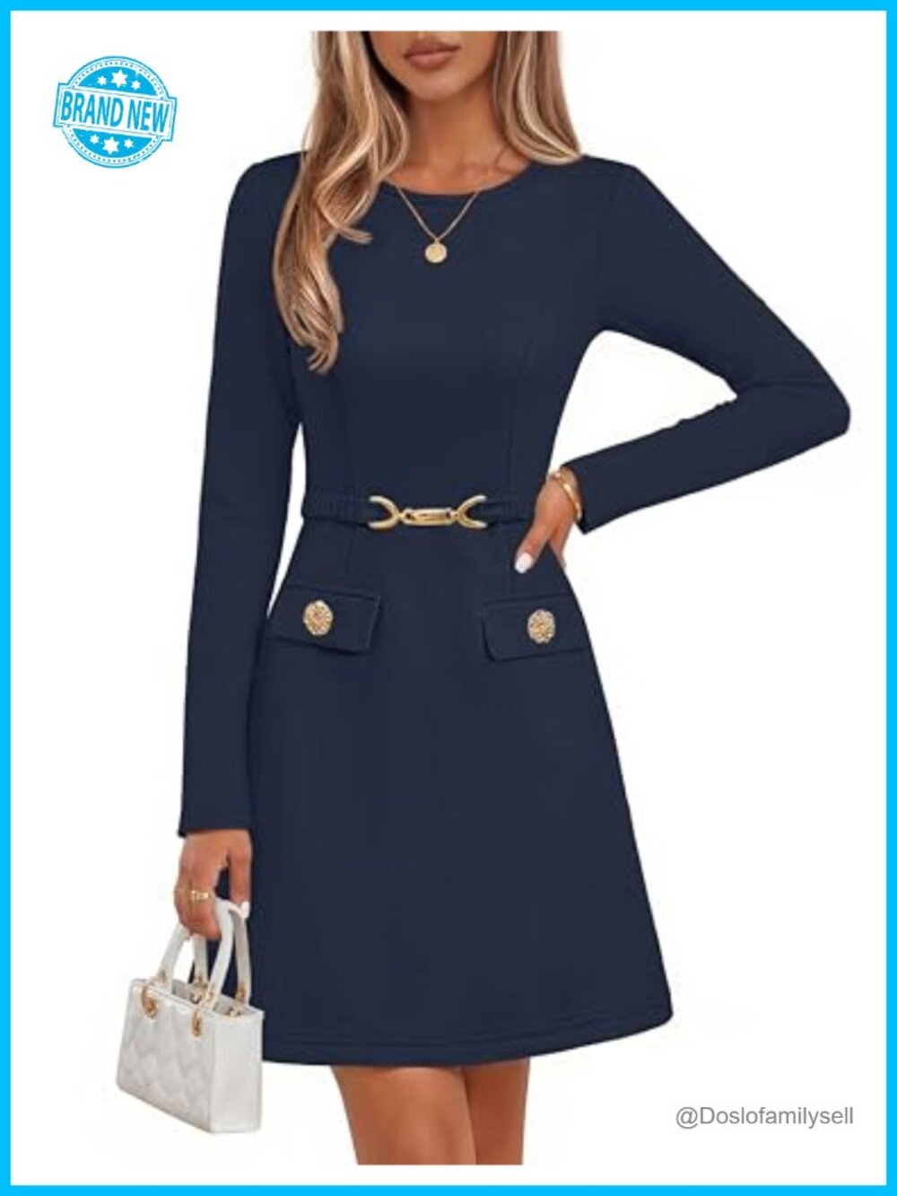Women's Long Sleeve Mini Dress Business Casual Work Office A-Line Belted